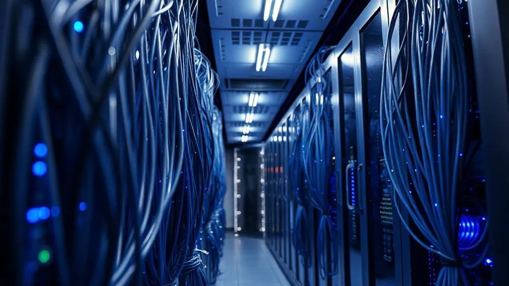 High-tech modern office server room with blue LED lights, sy