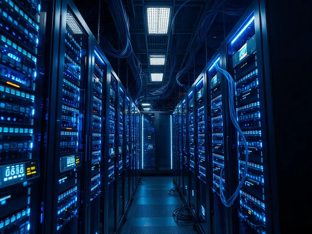 A high-tech server room with blue LED lights, showing clean