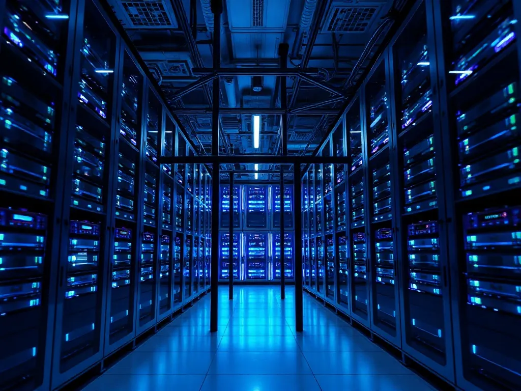 A high-tech server room with blue glowing lights, racks of s