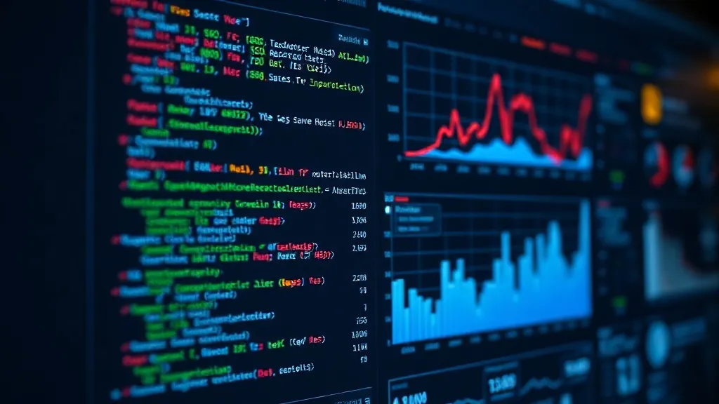 Technical code screen with SEO metrics, charts, and data poi
